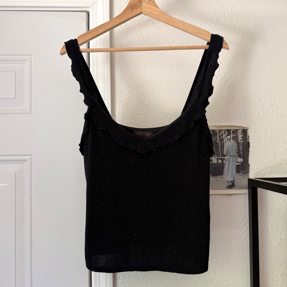 RALPH LAUREN black glitter metallic ruffle sleeveless cropped square tank top